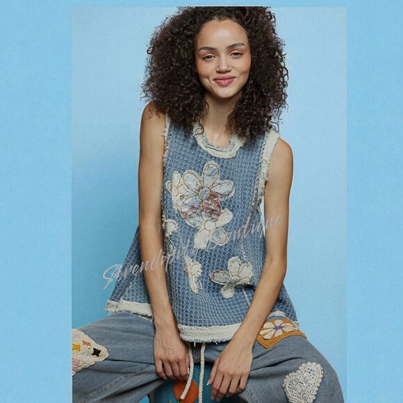 POL Slouchy Frayed Floral Patchwork Baggy Sleeveless Drapery 100% Cotton Jean To - Picture 8 of 11
